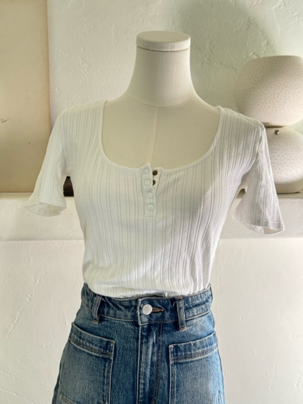 Sézane White Variegated Rib Henley Scoop Neck Top Small 100% Cotton